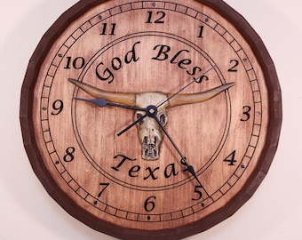 Texas Longhorn Engraved Stained Wood Clock - Handcrafted Barrel (17.5")