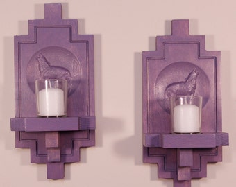 Southwest Wolf Engraved Stained Wood Wall Sconce Candle Holder (set of 2)