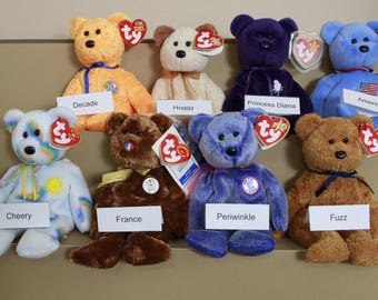 Vintage Assorted ty Beanie Bears - Huggy, Fuzz, Princess, France, Cheery, Decade, America (FREE SHIPPING)