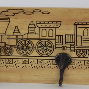 Train Engraved Stained Wood Coat Rack (20&quot; long) (FREE SHIPPING)