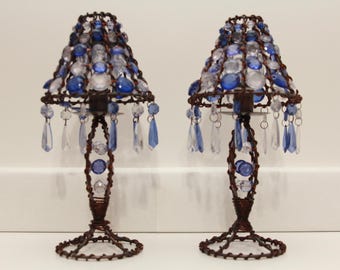 Vintage Votive Candle Lamps with Blue and Clear Plastic Gems - Set of 2 (FREE SHIPPING)