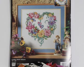 Vintage Bucilla Floral Heart Wreath 16"x16" Stamped Cross Stitch Pattern Kit - Pre-Owned (FREE SHIPPING)
