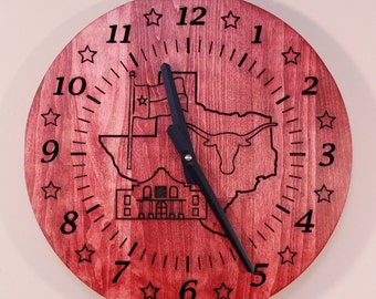 Texas Engraved Stained Wood Wall Clock (12")