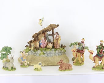 Vintage 10 Piece Miniature Hand Painted Poly Resin Nativity Set: Stable measures 4 1/2" Tall and 5" Wide (FREE SHIPPING)