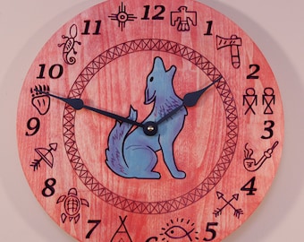 Southwest Coyote Engraved Stained Wood Wall Clock (12")