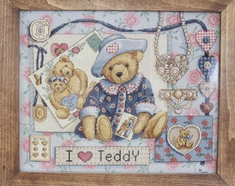 Bear Vintage Sewing Handmade Cross Stitch Wall Hanging in Wooden Frame 17" x 14" (FREE SHIPPING)
