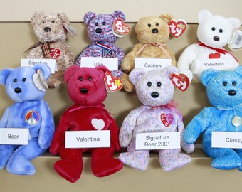 Vintage Assorted ty Beanie Bears - Valentina, Valentino, Classy, Cashew, Peace, USA (FREE SHIPPING)