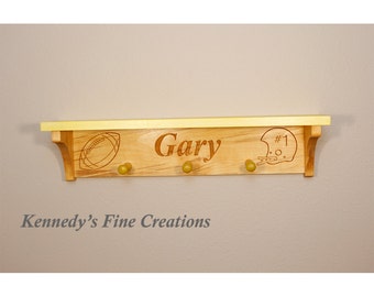 Kids Personalized Football Engraved Stained Wood Wall Shelf with Pegs (24" long)