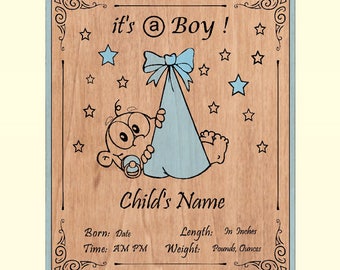 Personalized Engraved Baby Boy or Girl Birth Announcement Wood Plaque (8X10)