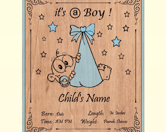 Featured listing image: Personalized Engraved Baby Boy or Girl Birth Announcement Wood Plaque (8X10)