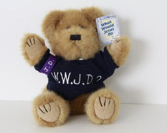 Vintage WWJD What Would Jesus Do Plush Light Brown Bear with Blue Sweater and Purple Bracelet Pre-Owned (FREE SHIPPING)