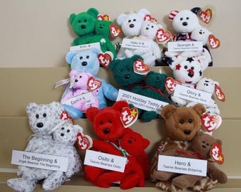 Vintage Assorted ty Beanie Bears - Halo, Beginning, Erin, Holiday, Spangles, Eggs, Hero, Osito and Teenie Beanies (FREE SHIPPING)