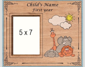 Personalized Child First Year Engraved Stained Wood Picture Frame with Animals (5X7)