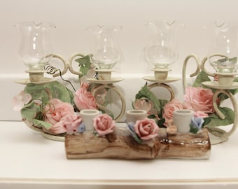 Vintage Candle Holders with glass sconces and pink roses (FREE SHIPPING)