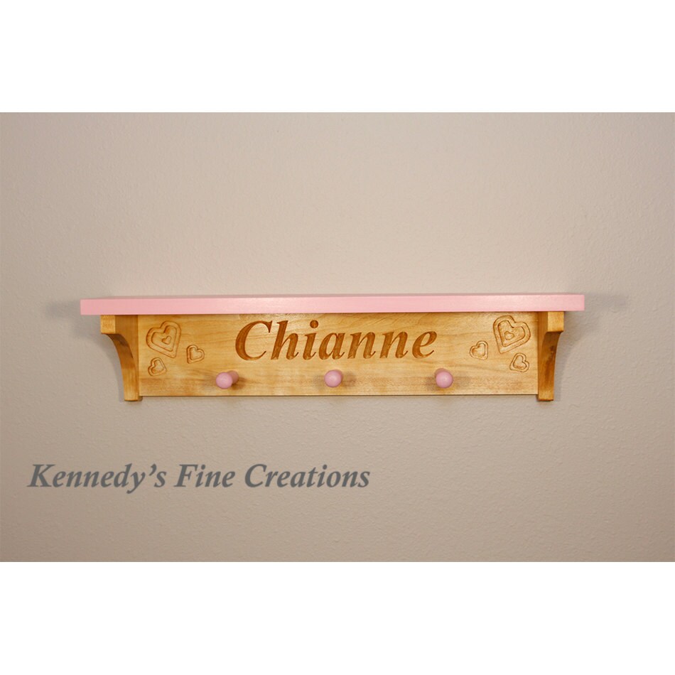 Kids Personalized Hearts Engraved Stained Wood Wall Shelf with Pegs (24