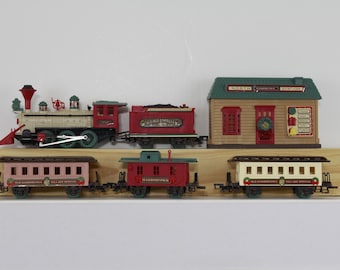 Vintage Small Holiday North Harbortown Station and Train Locomotive, 2 Passenger Cars and Caboose (FREE SHIPPING)