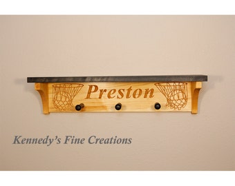 Kids Personalized Basketball Engraved Stained Wood Wall Shelf with Pegs (24" long)