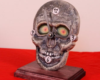 Skull Engraved Wood Desk Clock