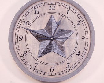 Texas Star Engraved Stained Wood Clock - Handcrafted Barrel (17.5")