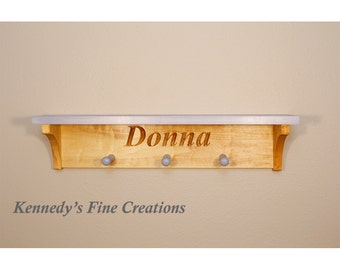 Personalized Engraved Stained Wood Wall Shelf with Pegs (24" long)