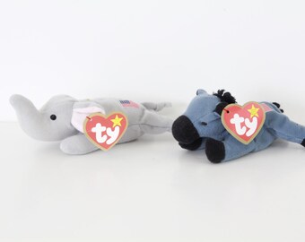 Vintage 1996 Set of 2 Teenie Beanie Babies:  Lefty the Donkey and Righty the Elephant (FREE SHIPPING)