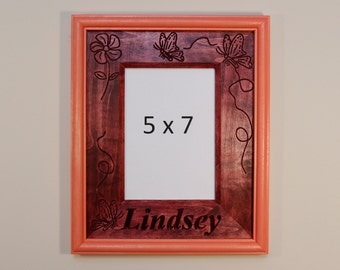 Personalized Flower and Butterfly Engraved Stained Wood Picture Double Frame (5X7)