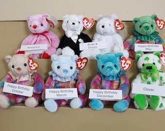 Vintage Assorted ty Beanie Bears - Birthday, Bride Groom, Clover, Romance (FREE SHIPPING)