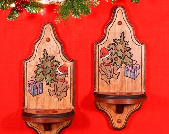 Christmas Tree & Bear Engraved Stained Wood Sconce Candle Holder Set of 2 (FREE SHIPPING)