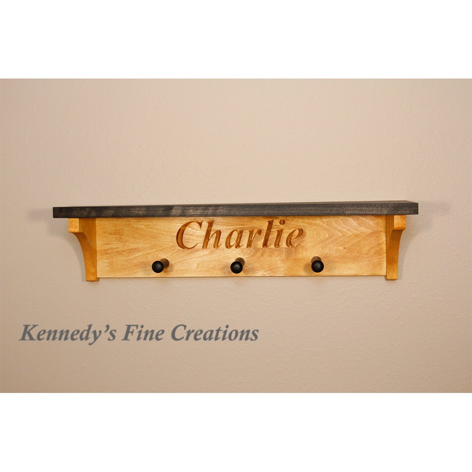Personalized Engraved Stained Wood Wall Shelf with Pegs (24 long)