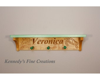 Kids Personalized Dolphin and Turtle Engraved Stained Wood Wall Shelf with Pegs (24" long)