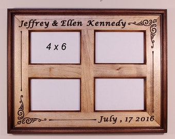 Personalized Engraved Stained Wood Picture Double Frame for 4 pictures (4x6)