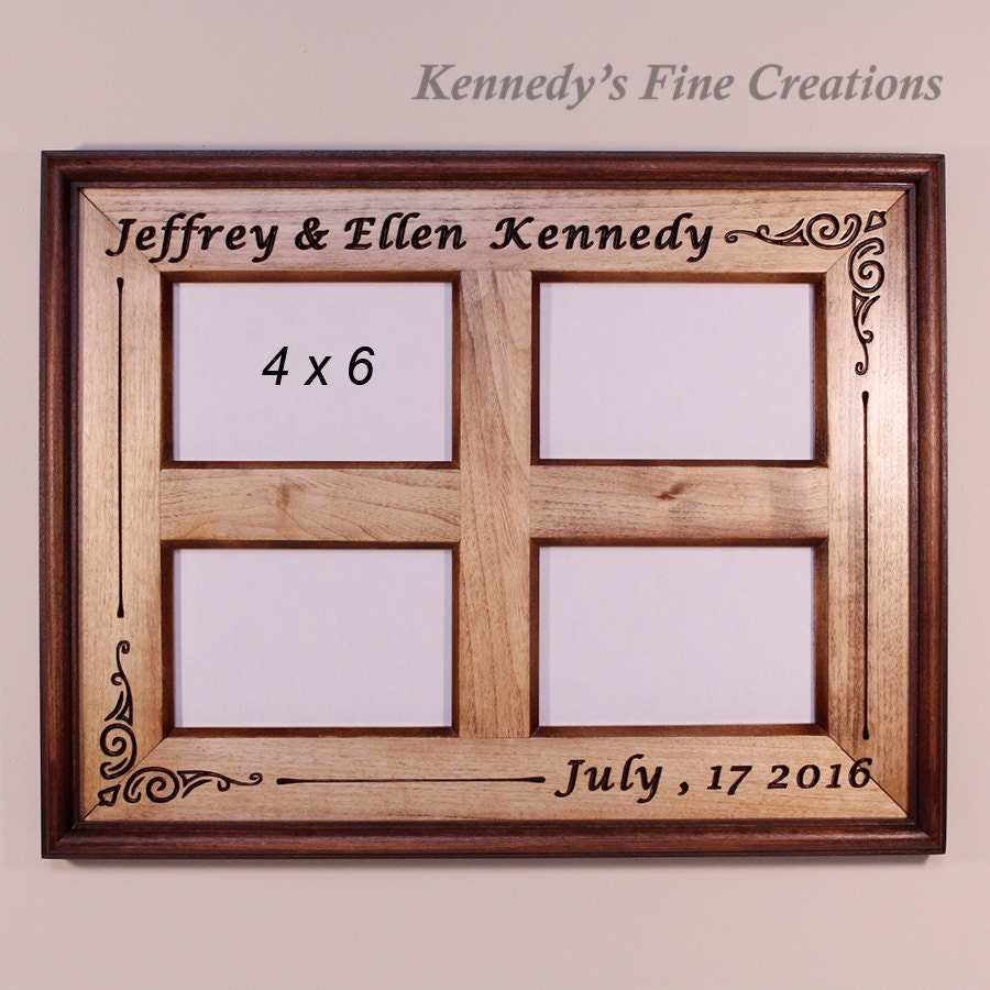 Personalized Engraved Stained Wood Picture Double Frame for 4 pictures