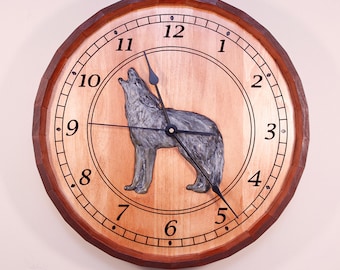 Wolf Engraved Stained Wood Clock - Handcrafted Barrel (17.5")