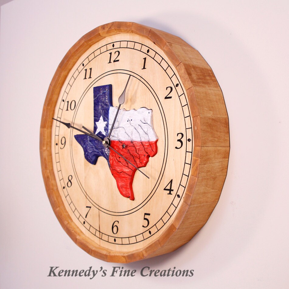 Texas Flag Engraved Stained Wood Clock Handcrafted Barrel (17.5)