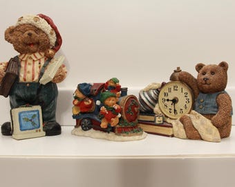 Vintage Resin Bears - Train Bank, Computer Worker, and Clock (FREE SHIPPING)