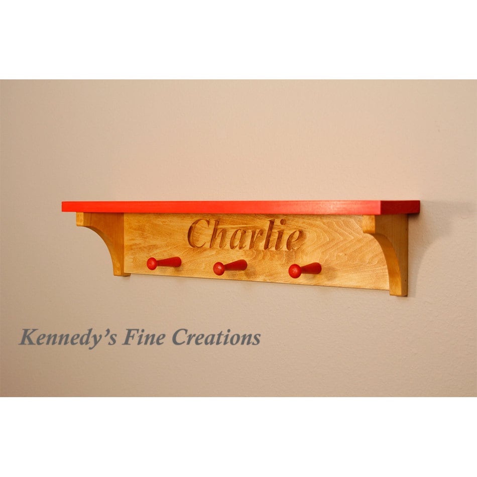 Personalized Engraved Stained Wood Wall Shelf with Pegs (24 long)