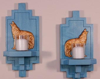 Southwest 3D Wolf Engraved Stained Wood Wall Sconce Candle Holder (set of 2)