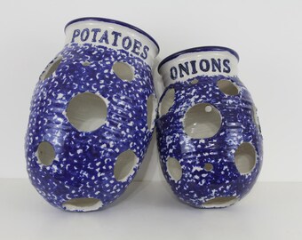 Vintage Wall Hanging Blue and White Speckled Ceramic Pottery for Potatoes and Onions (FREE SHIPPING)
