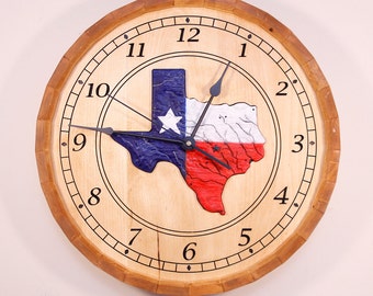 Texas Flag Engraved Stained Wood Clock - Handcrafted Barrel (17.5")