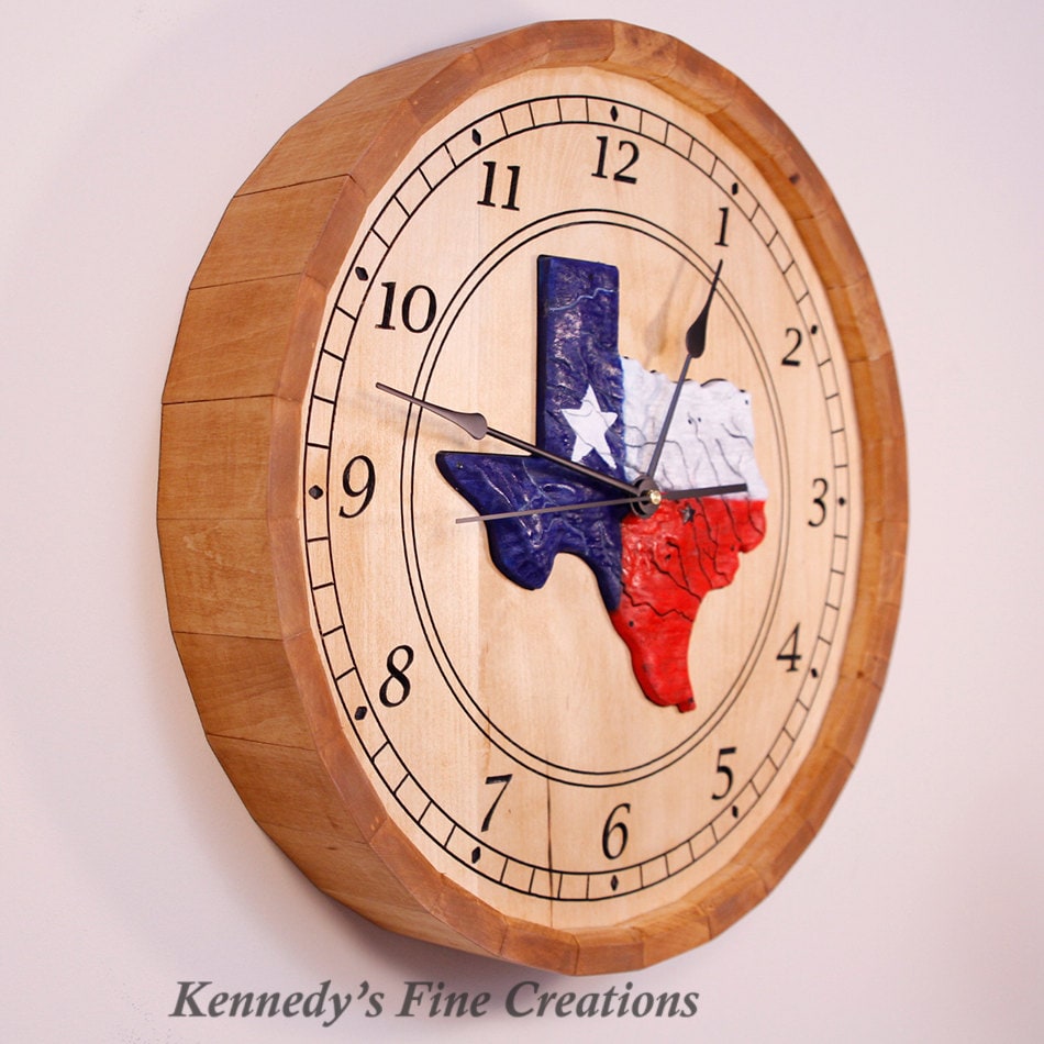 Texas Flag Engraved Stained Wood Clock Handcrafted Barrel (17.5)