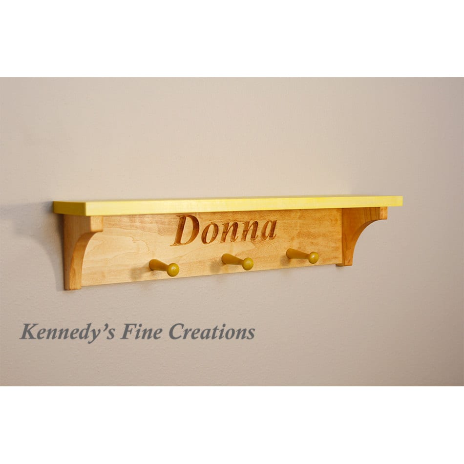 Personalized Engraved Stained Wood Wall Shelf with Pegs (24 long)