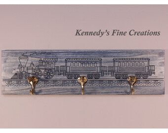 Train Engraved Stained Wood Coat Rack (20" long)