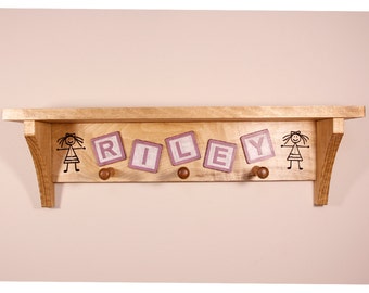 Personalized Baby Block Engraved Stained Wood Wall Shelf with Pegs (24" long)