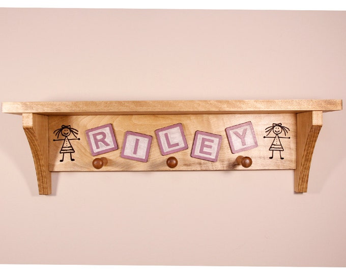Featured listing image: Personalized Baby Block Engraved Stained Wood Wall Shelf with Pegs (24" long)