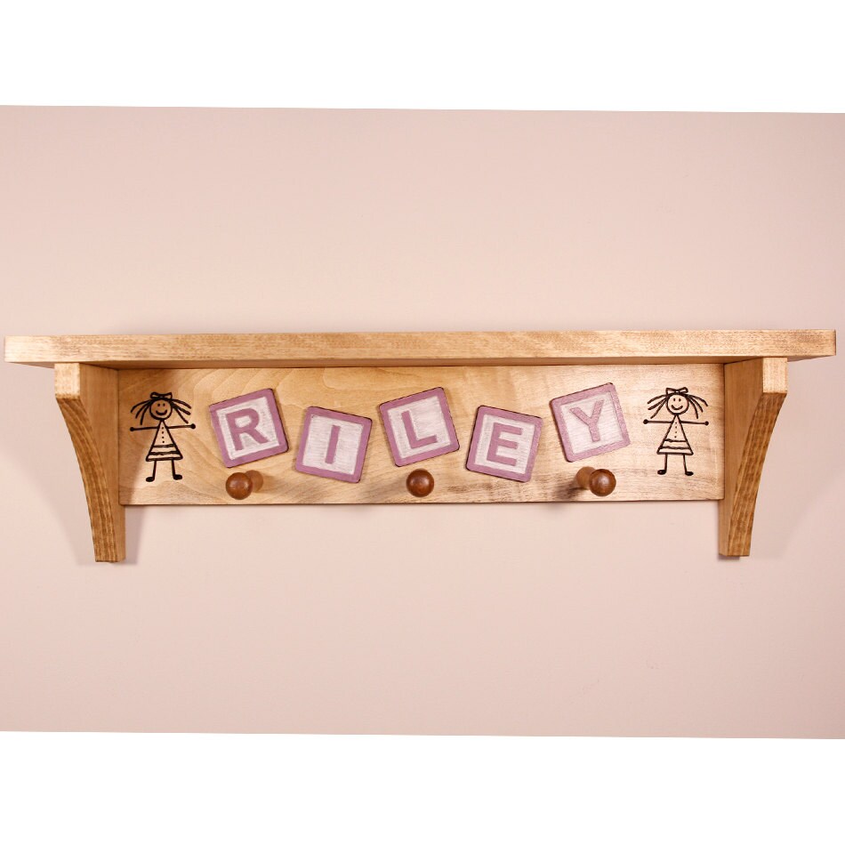 Personalized Baby Block Engraved Stained Wood Wall Shelf with Pegs (24