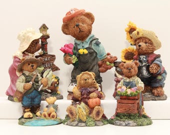 Vintage Resin Bears Fishing, Garden, Sunflower and Welcome - Set of 6 Bears (FREE SHIPPING)