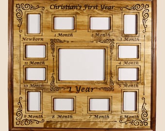 Personalized Baby First Year Engraved Stained Wood Picture Double Frame