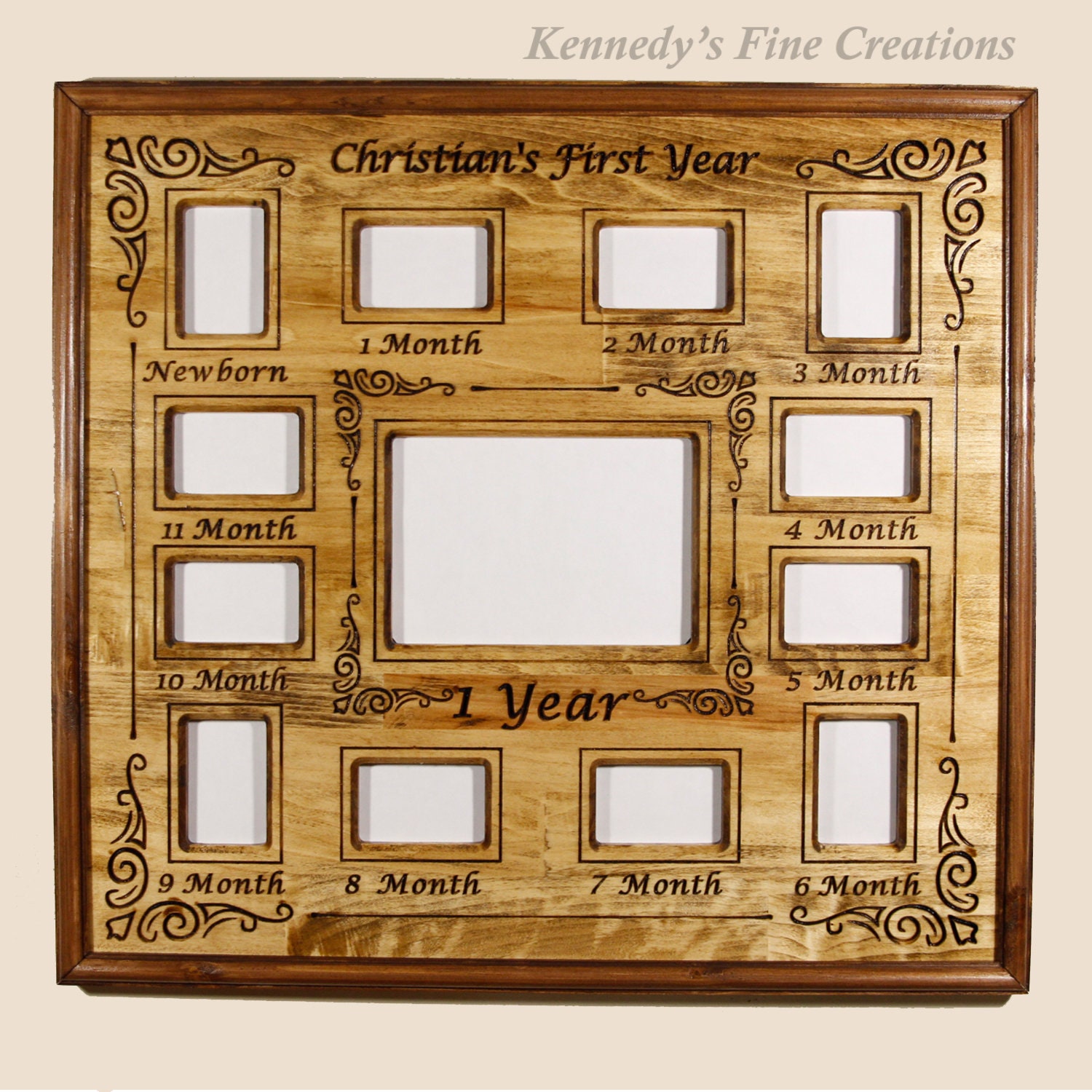 Personalized Baby First Year Engraved Stained Wood Picture Double Frame