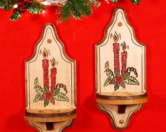 Christmas Candles Engraved Stained Wood Sconce Candle Holder Set of 2 (FREE SHIPPING)
