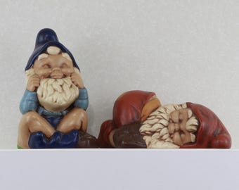 Vintage set of 2 handmade painted ceramic Gnomes (FREE SHIPPING)
